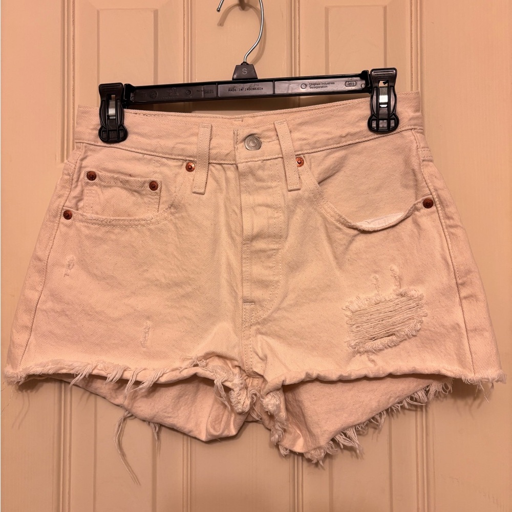 Levi's White Distressed High-Rise Denim Shorts